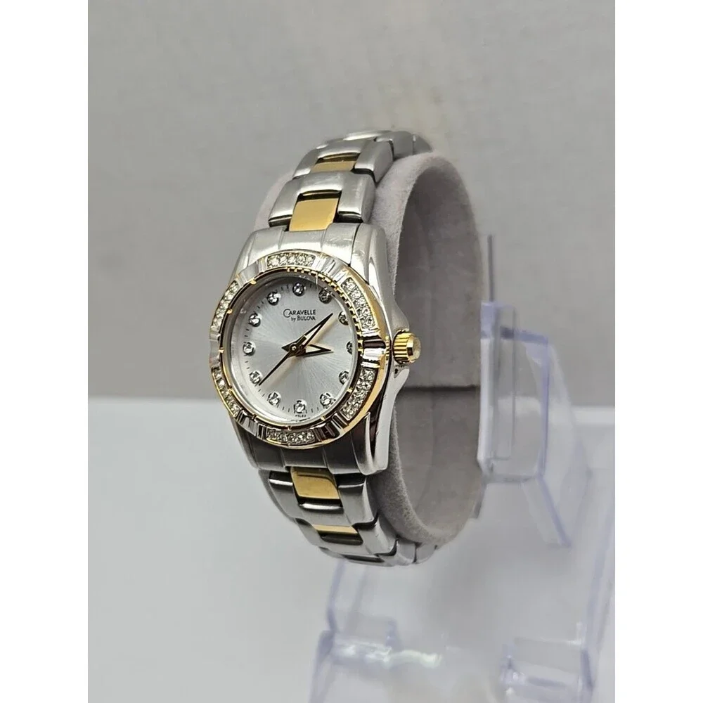 Caravelle by Bulova Gold Silver Two Tone Crystal Petite Dress Watch New Battery
